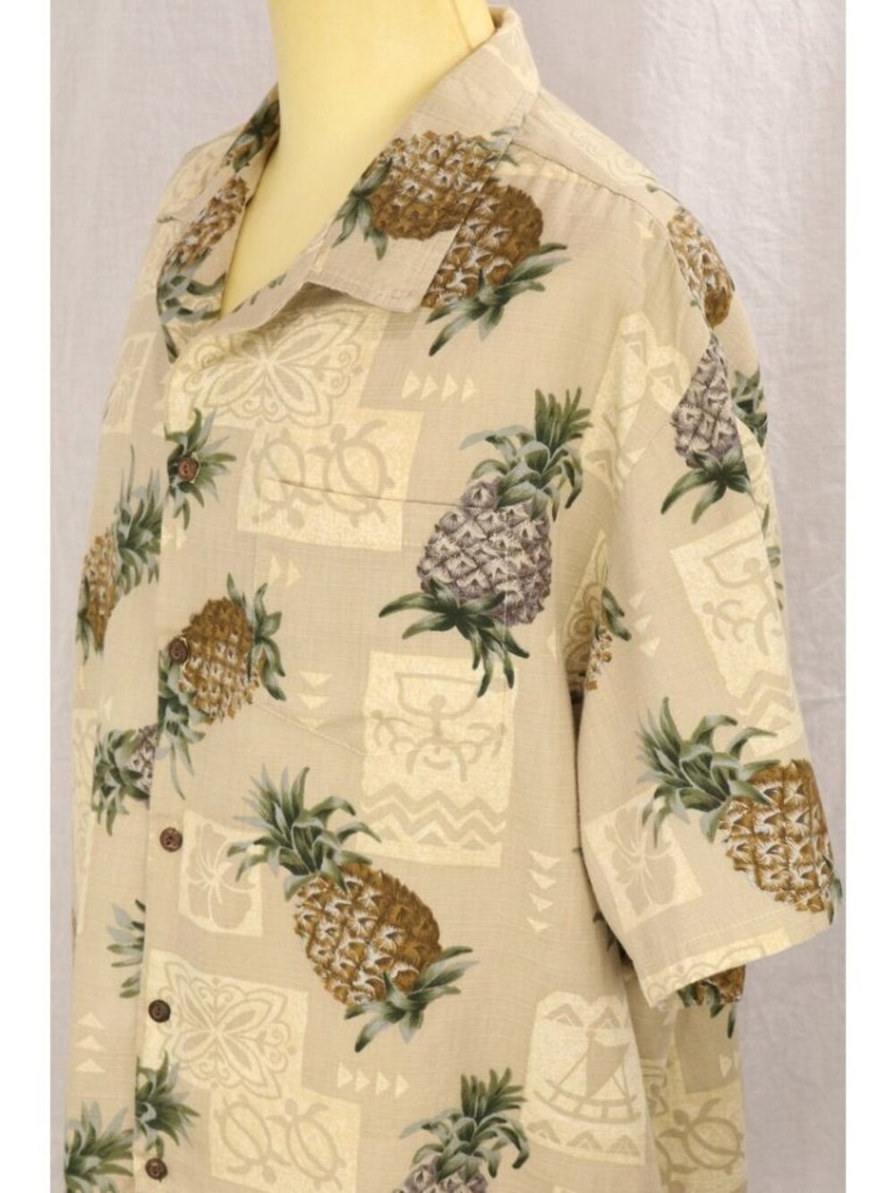 Grandpacore Aloha Hawaiian Shirt Men 2XL Tan Pineapple Honu Hibiscus Tapa VTG 90 - Picture 11 of 13